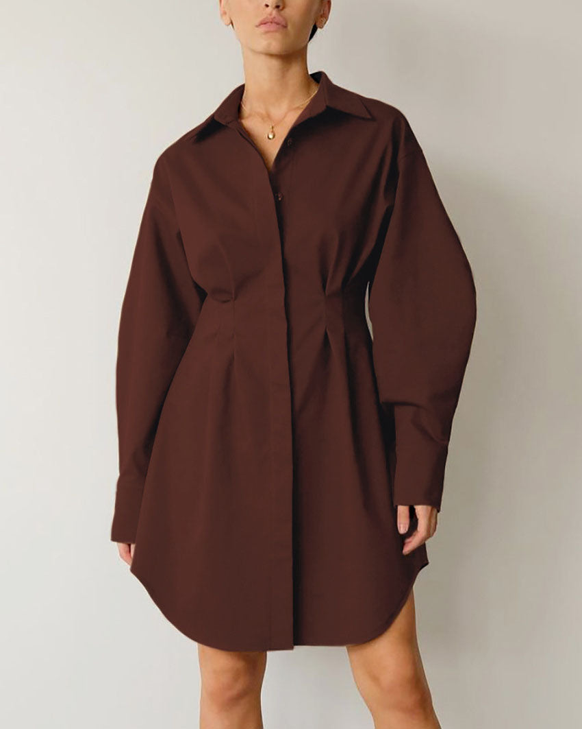 Vintage Cinched Waist Slim Fit Solid Color Shirt Dress