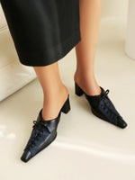 Square high heel pointed toe lace-up stitching mules