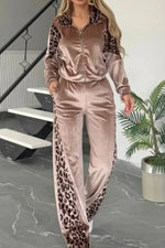 Suede leopard print contrast long-sleeved jacket and wide-leg pants two-piece set