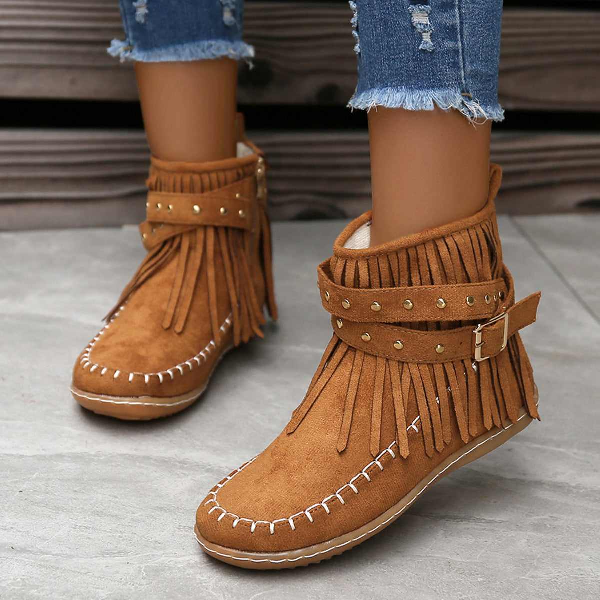 Studded flat tassel boots