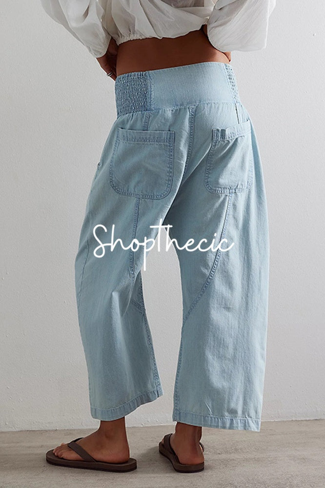 Washed drop-crotch mid-rise straight-leg harem cropped jeans