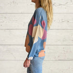 Round neck loose cropped pullover printed sweater top