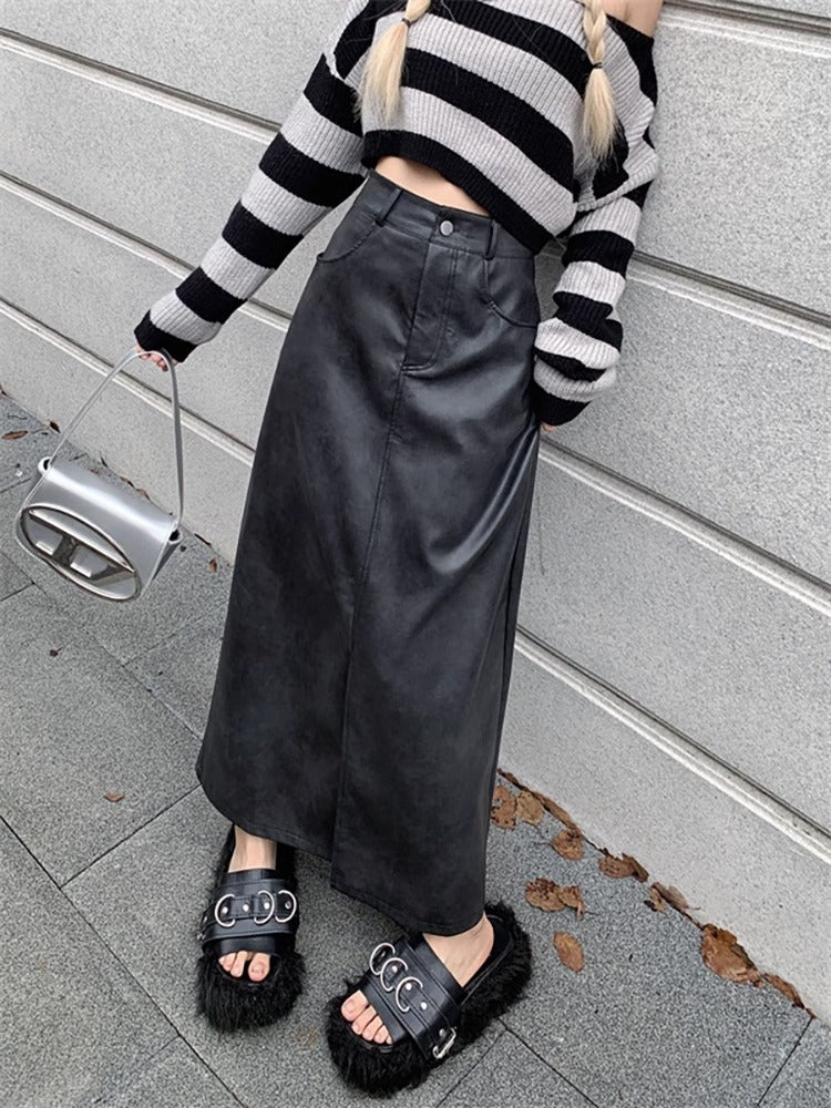 Jupe longue demi-rétro fendue taille haute en PU