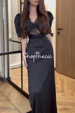 Abito lungo a pois con scollo a V in pizzo retrò e maniche corte