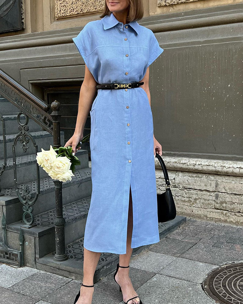 Kleid mit Hemdkragen aus Baumwolle und Leinen mit hoher Taille und Schnürung