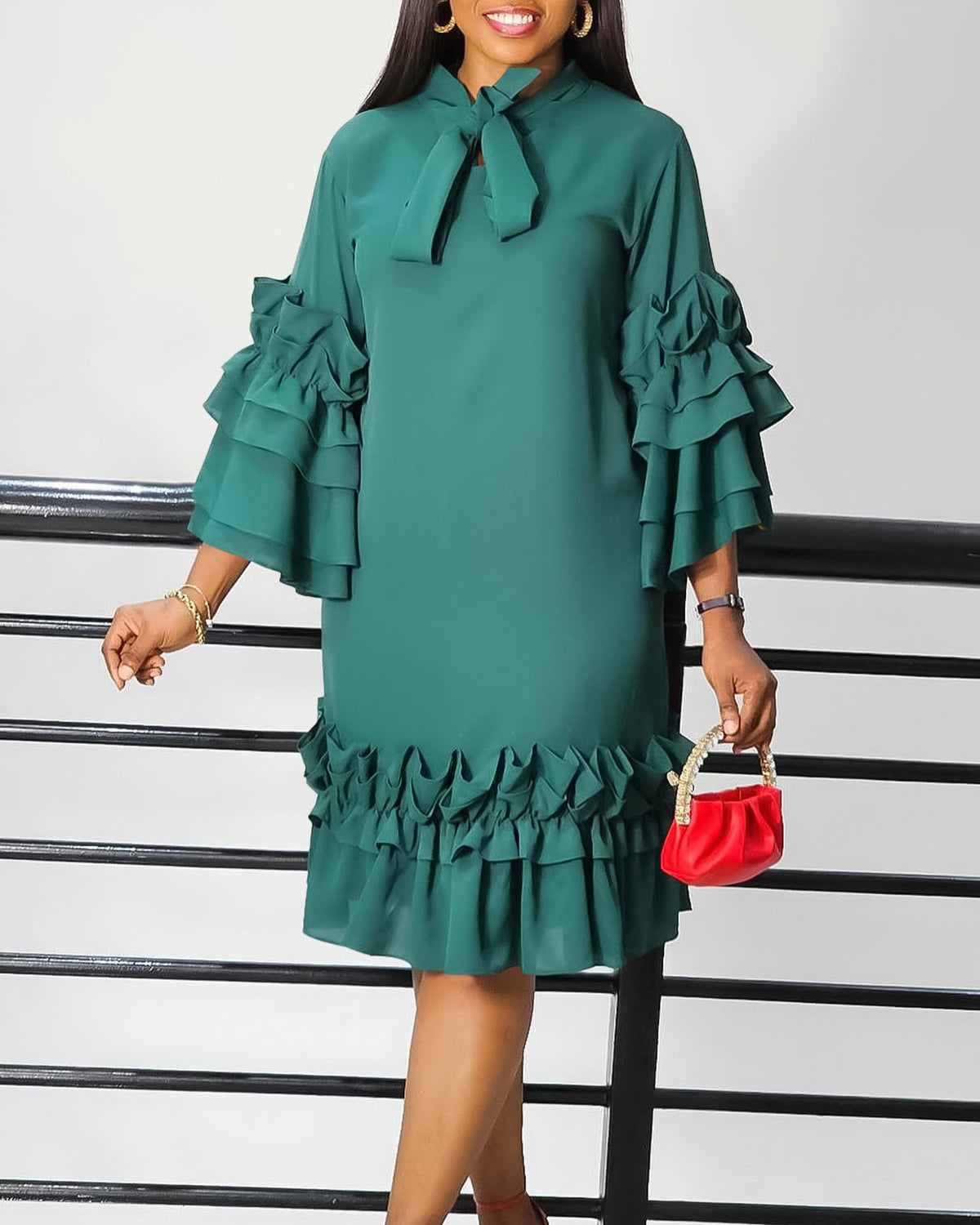 Vestido Midi Sólido Chique com Bainha com Babados e Manga Sino
