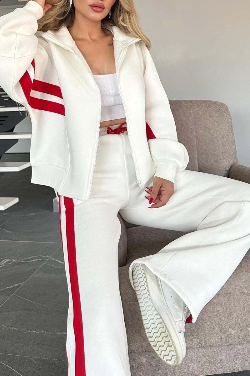 Y2K striped zip-up cropped sweatshirt jacket and sports pants two-piece set