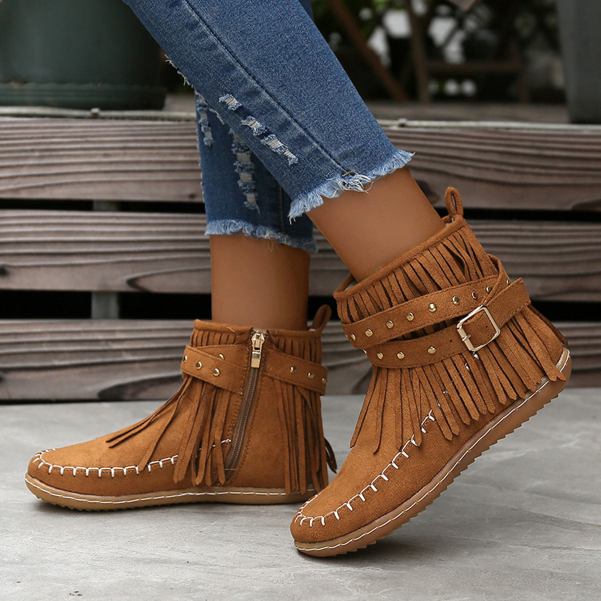 Studded flat tassel boots