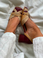 Sandales à talon moyen et bout carré en patchwork multicolore