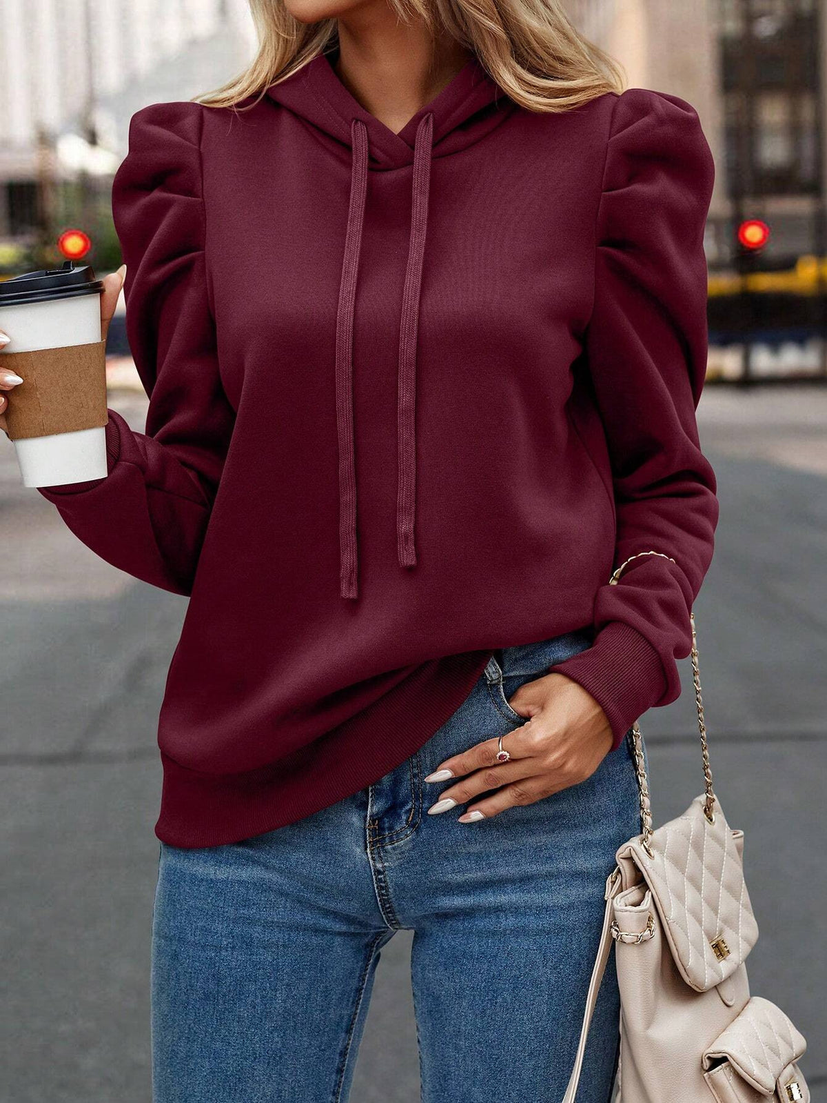 Solid color shrug design slim hooded sweatshirt