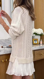 Long-sleeved crew neck cable knit chiffon hem dress