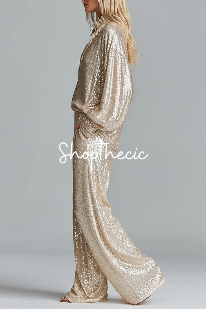Sequined stand-up collar half-zip top wide-leg pants two-piece set