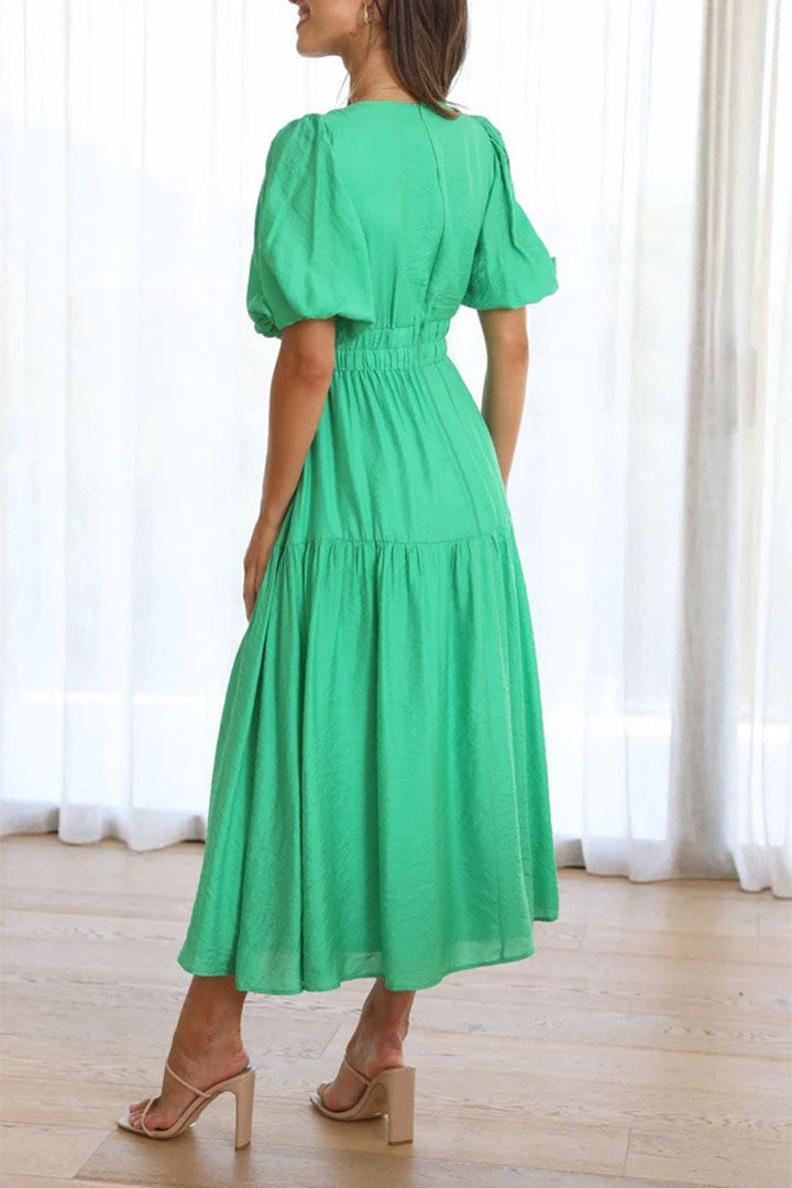 Vestido midi com manga lanterna e decote em V com cintura marcada