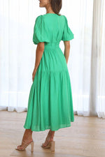 Lantern Sleeve V-neck Cinched Waist Midi Dress