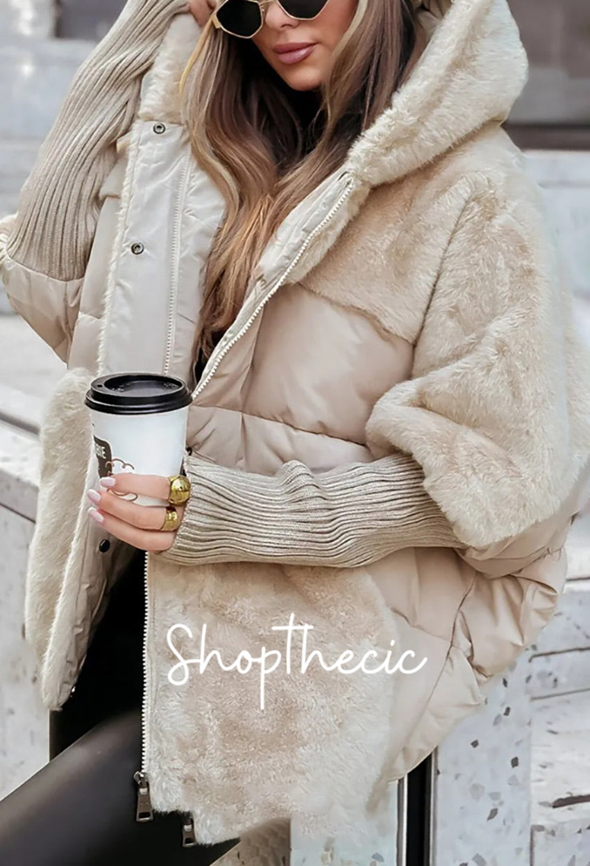 Elasticated sleeves plush trim hooded cotton jacket