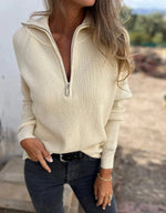 Pull en tricot à manches longues et fermeture éclair de couleur unie