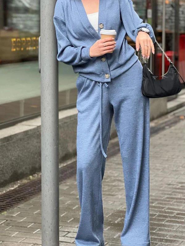 Ensemble deux pièces veste en tricot boutonnée à col en V et pantalon large