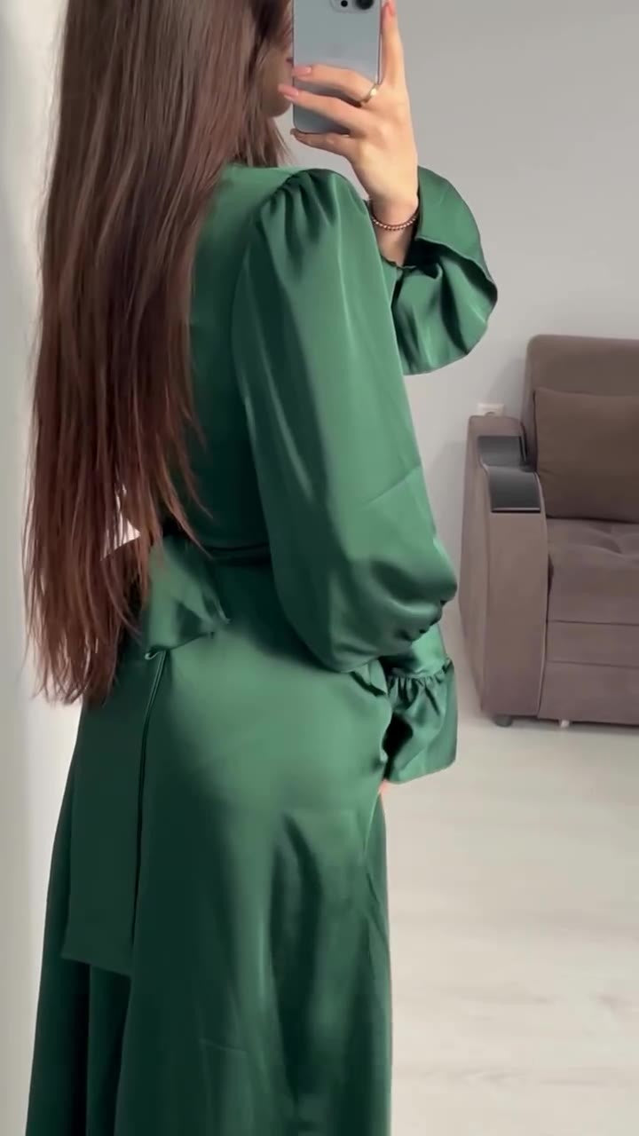 Long-sleeved puff-sleeved solid color fairy-style dress