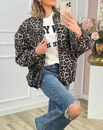 Leopard print cropped loose zip-up jacket