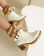 Two-way lace-up thick-heeled warm furry low boots