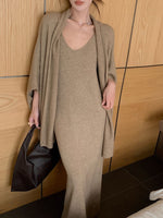 Knitted shawl coat and suspender dress two-piece suit