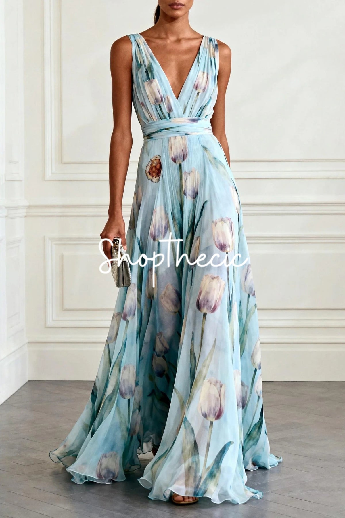 Tulip Print Sleeveless V-Neck Chiffon Maxi Dress