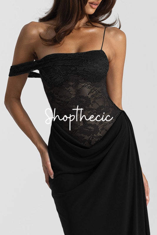 One-shoulder lace-trimmed fitted maxi dress