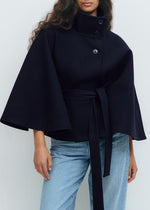Solid color stand collar button belt cape trench coat