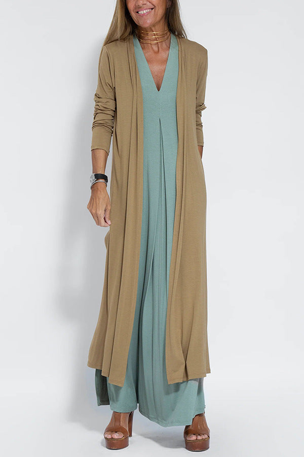 Elegant V-neck Sleeveless Long Dress Matching Vest Cardigan