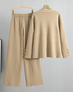 Chic gold large button knitted sweater and wide-leg pants two-piece suit
