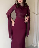 Mesh flared sleeves satin long slim dress