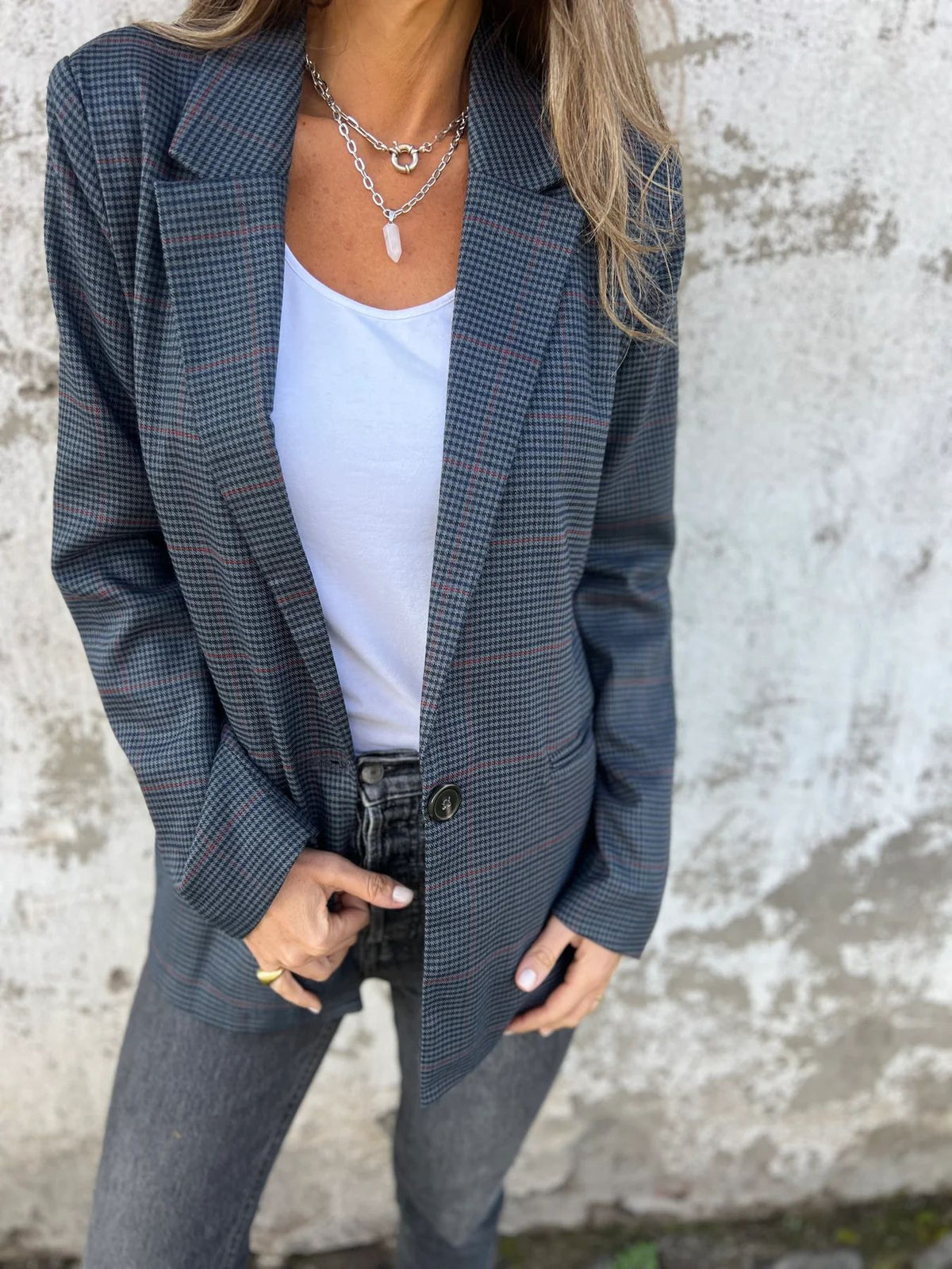 Blazer de bolso com botão único em estilo pied-de-poule
