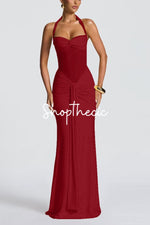 Halter-neck tie-up mesh spliced ribbon maxi dress