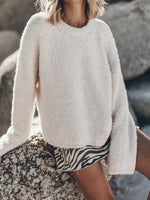White Brushed Plush Crewneck Pullover Knit Top