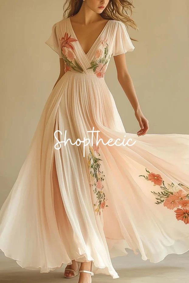 Pink V-neck short-sleeved mesh printed maxi dress