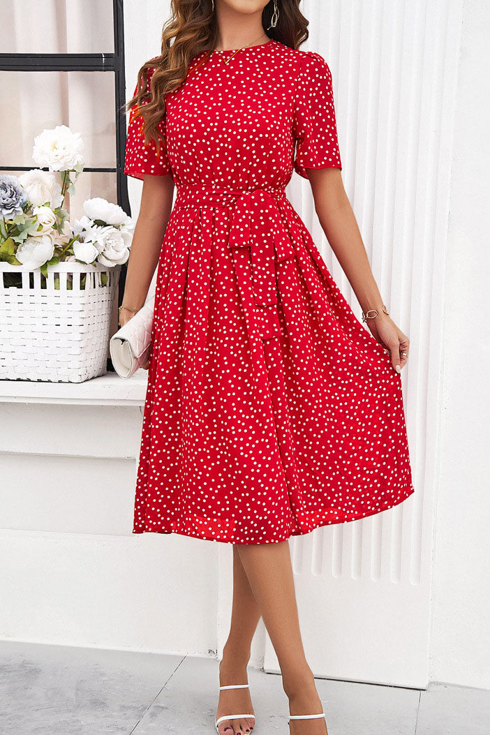 Rundhalsausschnitt, Kurzarm, Taillengürtel, Poled Dot-Kleid