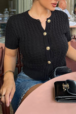 Slim-fit round neck knit short-sleeved cardigan