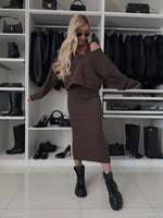 Solid Color V-Neck Long Sleeve Sweatshirt Suspender Slim Maxi Dress Two Piece Set