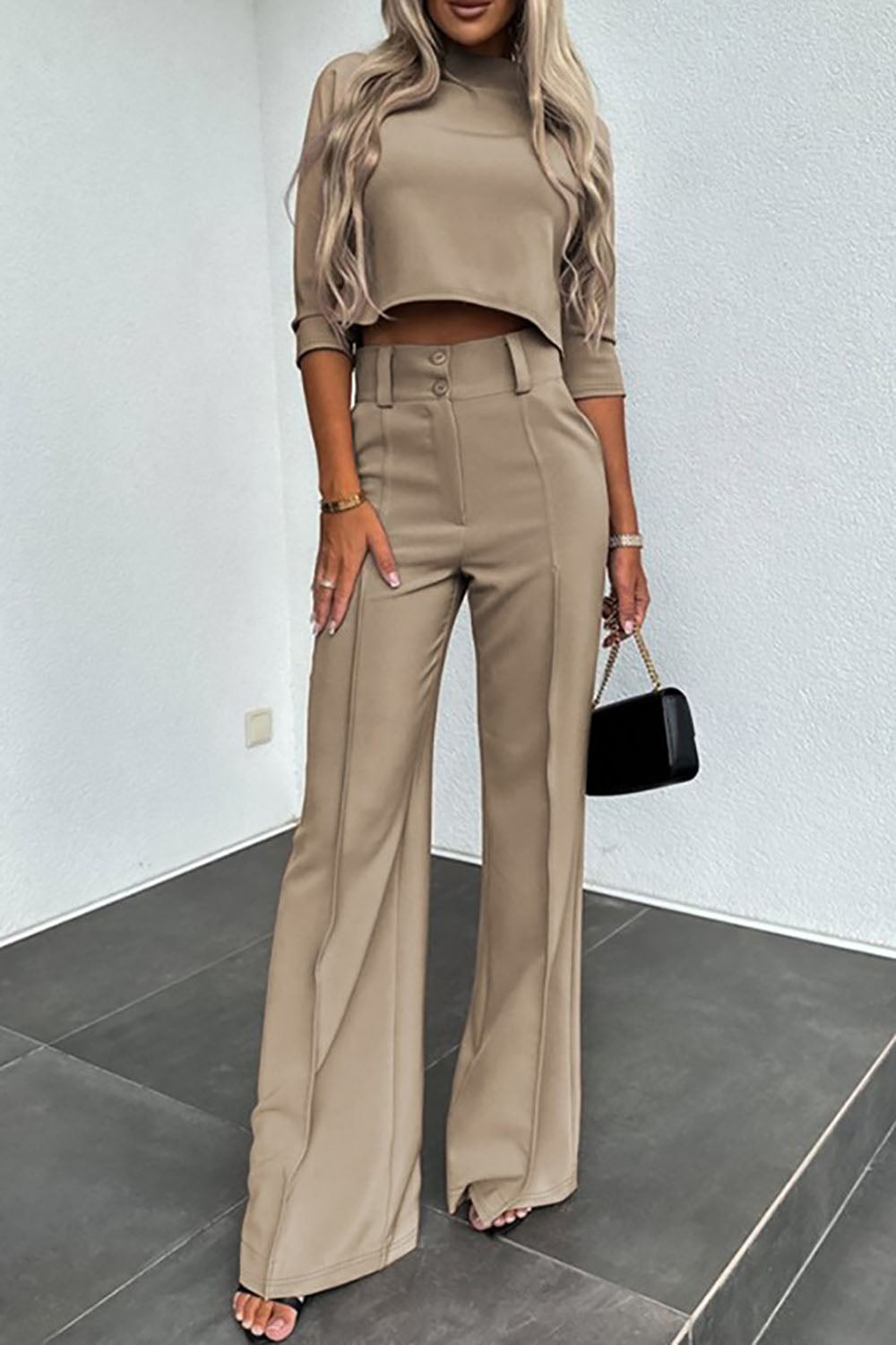 Mid-Sleeve Pullover Wide-Leg Pants Business Casual Outfits Set