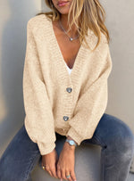 Long-sleeved button-down loose chunky knit sweater