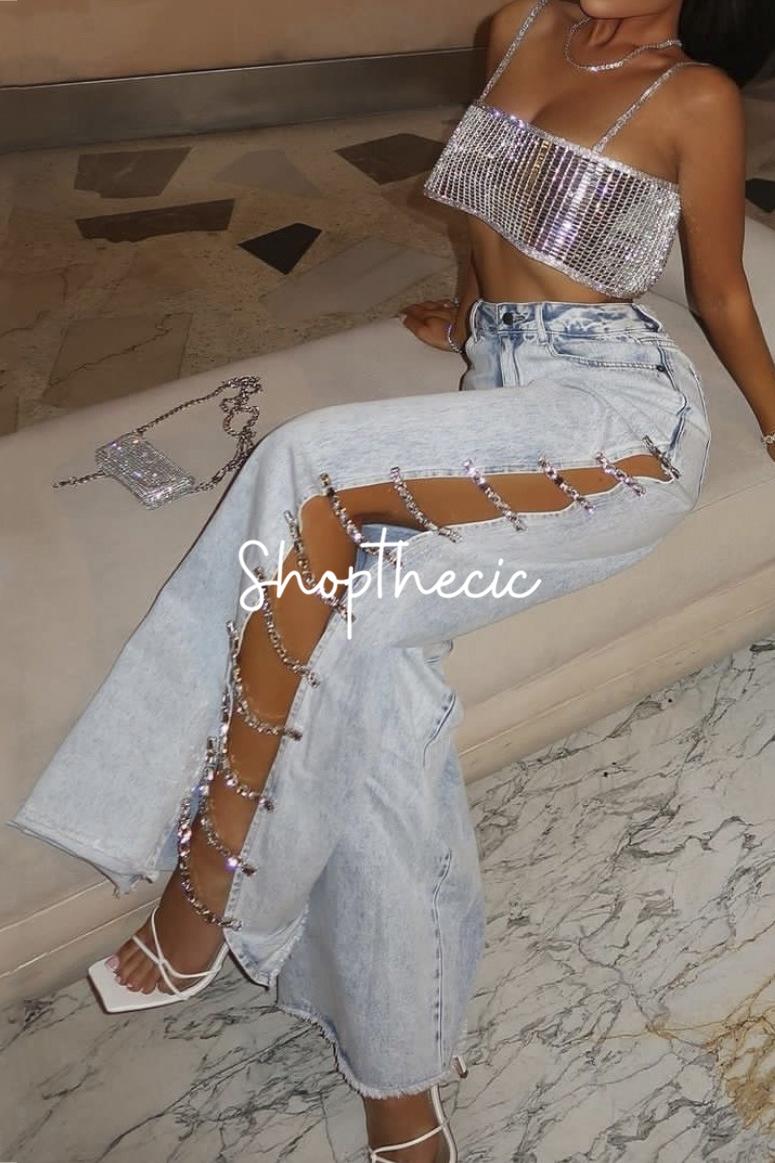 Mid-rise side cutouts diamond-studded wide-leg jeans