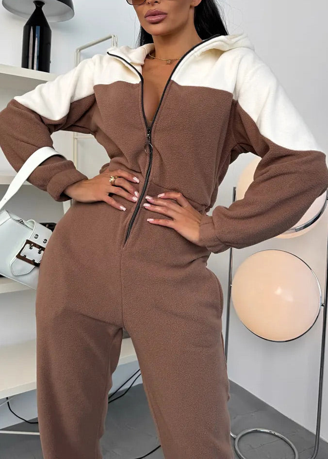 Color-blocked zipper fleece long-sleeved hooded jumpsuit