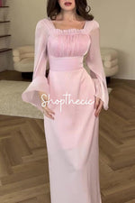 Square neckline patchwork pleated silk bell sleeve bodycon dress