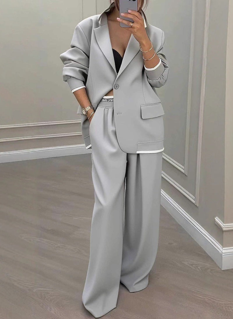 Solid color stylish suit elastic waist wide-leg pants two-piece set