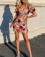 V-neck 3D Floral Lantern Sleeve Bodycon Dress