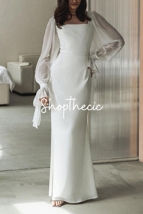 Square neckline sheer mesh flared sleeves fitted fishtail dress