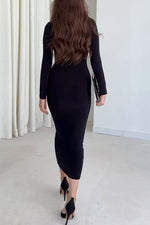Solid color long sleeve high collar exposed waist hip slim dress
