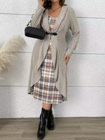 Long Knitted Jacket and Plaid Slip Dress Two-Piece Set