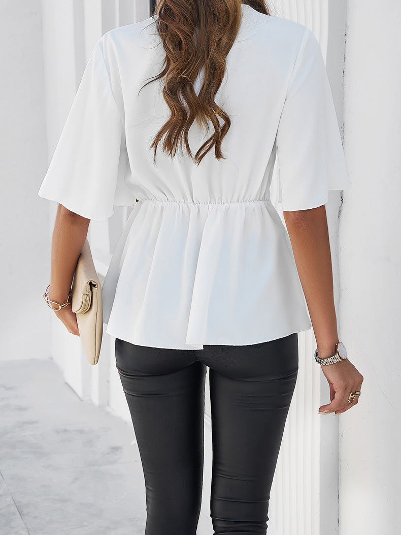 Solid Color Elegant Short-Sleeve Waist-Tied Top