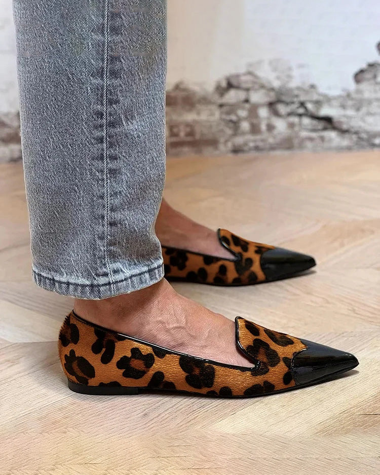 Patented pointed toe suede leopard patchwork slip-on loafers